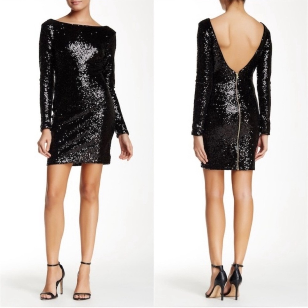 Dress the Population Kelly Long Sleeve Sequined Mini Dress in Black